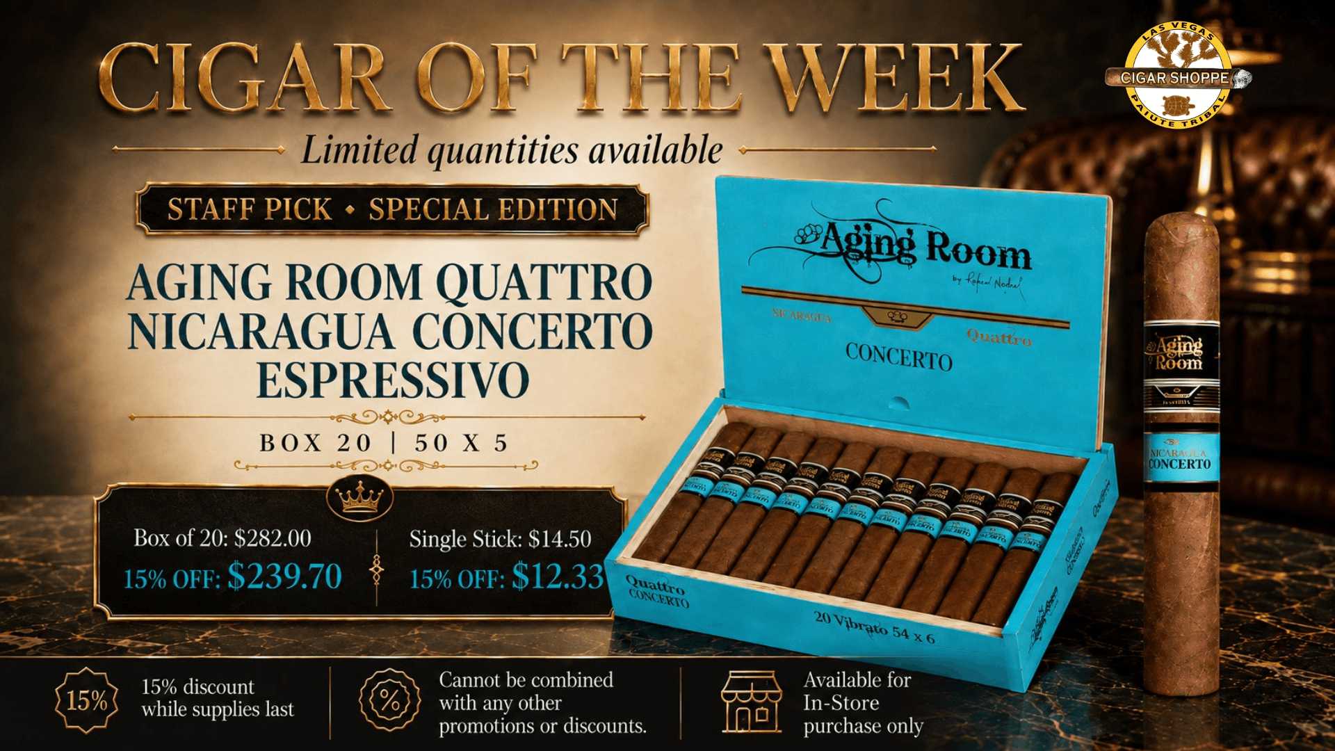 Cigar of the Week - Aging Room Quattro Nicaragua Concerto Espressivo, Box 20, 50x5 - Staff Pick Special Edition - Box of 20: $282.00, 15% off now $239.70, Single Stick: $14.50, 15% off now $12.33 - Limited quantities available, cannot be combined with any other promotions or discounts, available for in-store purchase only